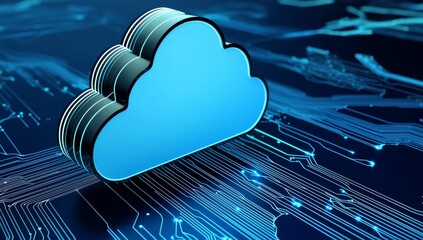 Poster - Cloud-Based Security Concept with Dark Blue Background, Glowing Lines Connecting Clouds and Mainframe Cluster
