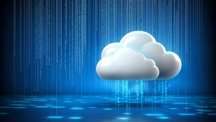 Poster - Cloud-Based Security Concept with Dark Blue Background, Glowing Lines Connecting Clouds and Mainframe Cluster