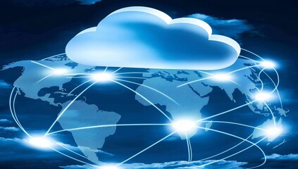 Poster - Cloud-Based Security Concept with Dark Blue Background, Glowing Lines Connecting Clouds and Mainframe Cluster