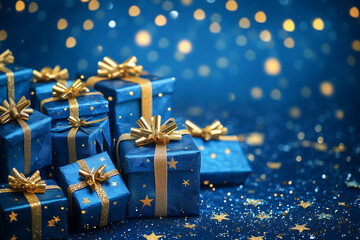 Christmas gift boxes with shiny gold ribbons and bows arranged on a deep blue background	