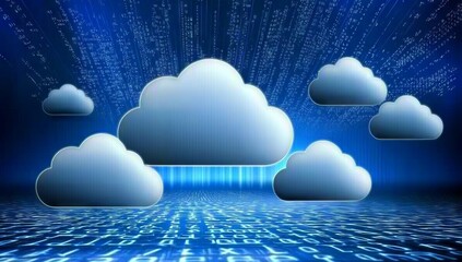 Poster - Cloud-Based Security Concept with Dark Blue Background, Glowing Lines Connecting Clouds and Mainframe Cluster