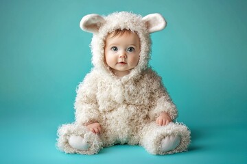 Wall Mural - lovely baby dressed in white fuzzy sheep costume sitting on blue background