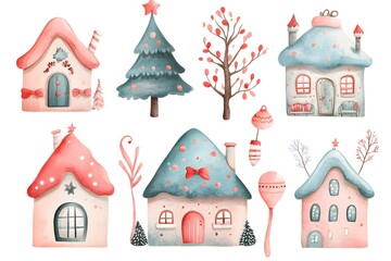 Watercolor hand draw Christmas illustration with house, tree and snow, isolated on white background.
