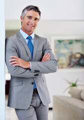Aufkleber - Financial advisor, portrait and businessman with arms crossed, smile and confidence in office. CEO, professional agency and corporate executive with ambition, pride and career growth for entrepreneur