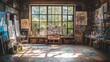© hamzahalderad - A messy art studio with paintings, canvases, and paint splattered floors. Sunlight streams through a large window.