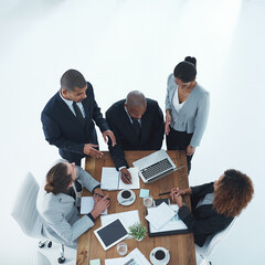 Poster - Tablet, documents and above of business people for meeting, research and planning in office. Corporate, professional and workers on digital tech for feedback, financial review and collaboration