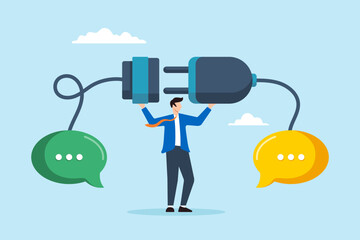 Poster - Flat illustration of businessman connecting plug and socket to solve communication problem with dialogue speech bubbles for teamwork and collaboration concept