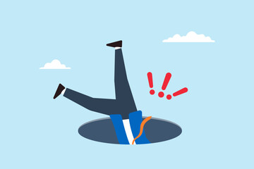 flat illustration of terrified businessman fall into hole with exclamation mark failure and mistake 