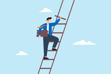 Poster - Flat illustration of businessman build ladder of success climb up step to overcome challenge achieve career growth improve opportunity job path