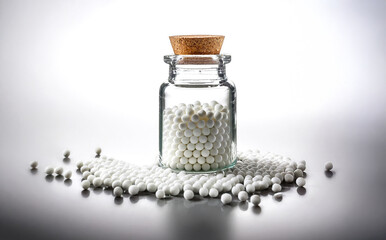 A close-up of small, round, white homeopathy pellets in a transparent glass jar on an isolated pure white background. Some pellets are scattered around the jar, creating a natural and minimalist compo