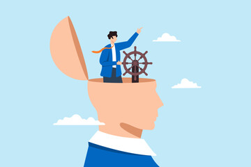 Poster - Flat illustration of businessman control steering wheel on head leadership thinking in business decision guidance to motivation mindset