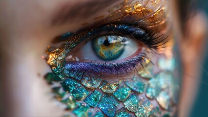 close-up of women's eyes with bright fantasy makeup resembling snake scales in blue, green and gold 