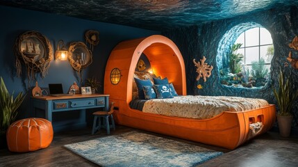 A nautical-themed bedroom with an orange boat-shaped bed, a blue desk, and a window with a view of the ocean.