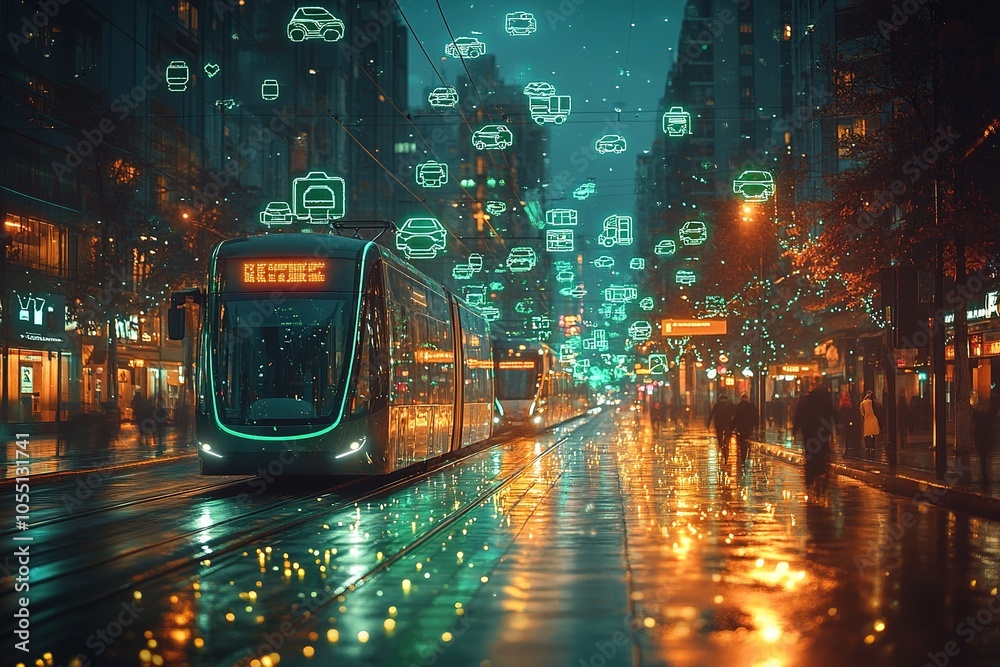 Futuristic tram with green neon lights passing through a city street at ...