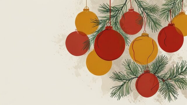 Christmas and new year holidays concept. Red balls on fir branches, winter snowy backdrop. festive winter season background. template for design. banner, copy space