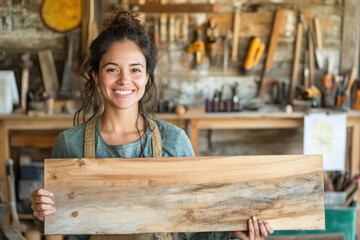 Smiling carpenter woman holding wooden plank in workshop