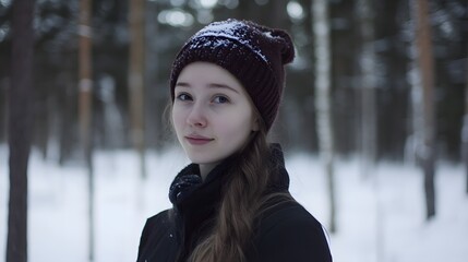 Young woman in snowy forest, wearing a knit hat and winter coat.