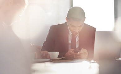 Poster - business, man and typing with phone in office for meeting schedule, communication and review feedbac