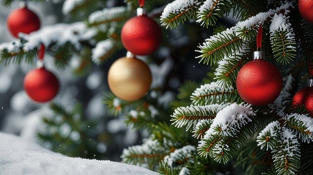 Christmas and new year holidays concept. Red balls on fir branches, winter snowy backdrop. festive winter season background. template for design. banner, copy space