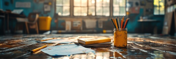 Classroom Chaos, vibrant scene of scattered learning materials on the floor, capturing the essence of creativity and exploration in education