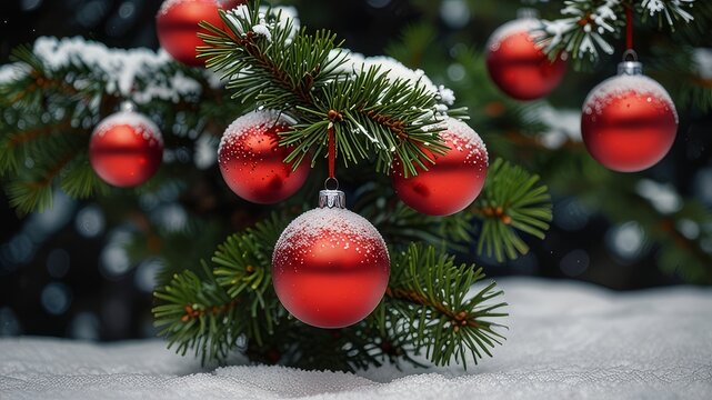Christmas and new year holidays concept. Red balls on fir branches, winter snowy backdrop. festive winter season background. template for design. banner, copy space