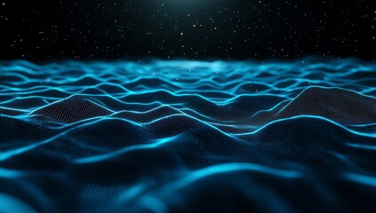 Abstract Blue Glowing Digital Network with Fiber Optic Cables on Black Background