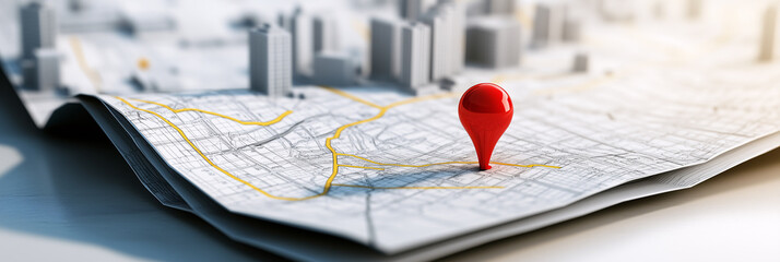 Wall Mural - red pin is marking a specific location on a 3d city map with buildings and a river