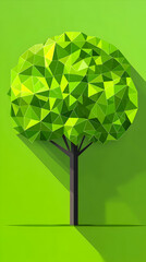 Low poly tree with a long shadow on a green background.