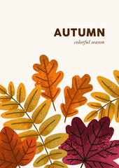 Aufkleber - Fall card, natural botanical design with autumn foliage. Seasonal tree leaf, organic forest floral pattern, autumnal leaves. Vertical poster background template. Colored flat vector illustration