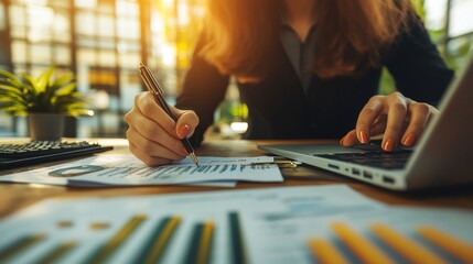 Poster - professional analyzing data with laptop and notepad
