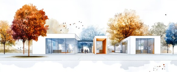 Architectural drawing of a modern house with colorized sketch lines on a white background