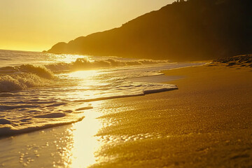 Wall Mural - golden sunset beach waves and sand landscape