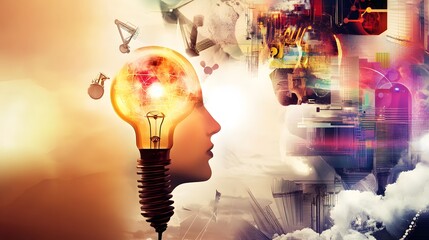 Poster - Two figures facing each other, one is a glowing lightbulb, the other is an abstract design.
