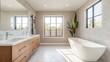 © hamzahalderad - Modern bathroom with white bathtub, double vanity, and large windows.