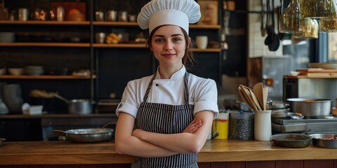 Portrait of a smiling young female chef with hands crossed in the kitchen