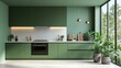 © hamzahalderad - Modern green kitchen interior with large window and plants.