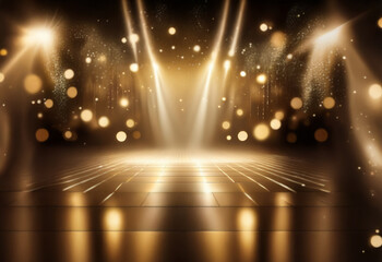 Wall Mural - a dark stage illuminated by three spotlights with a reflective floor and golden bokeh lights.