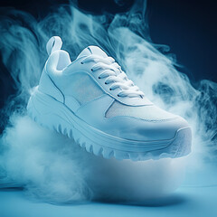 White sneaker with a thick sole, surrounded by swirling smoke on a blue background