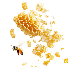 A bee flying near a honeycomb with pieces of wax scattered around.