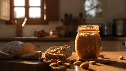 Poster - Jar of Nut Butter and Fresh Bread in Cozy Kitchen Light