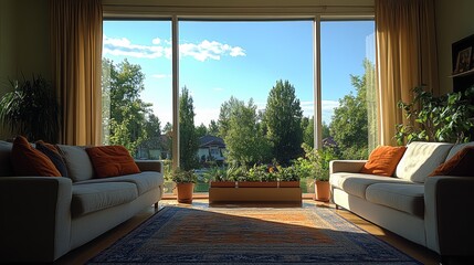 Modern living room with two sofas, a rug, and large windows offering a view of a green garden and neighborhood.