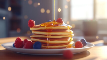 Aufkleber - Delicious Pancakes with Berries and Syrup Drizzle