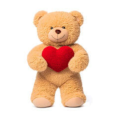 A cute teddy bear holding a red heart on a transparent background