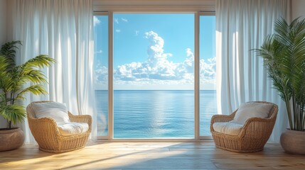 Two wicker chairs in a modern living room with large windows overlooking the ocean.