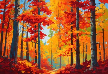 Wall Mural - vibrant autumn leaves displaying rich colors canvas blues greens under soft sunlight, nature, scenery, trees, foliage, season, landscape, orange, yellow