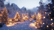 © 沈军 贡 - 3D render of Christmas lights and snow falling in front of cozy houses in the village