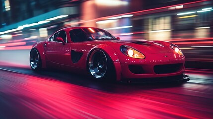 High speed red sports car driving at night