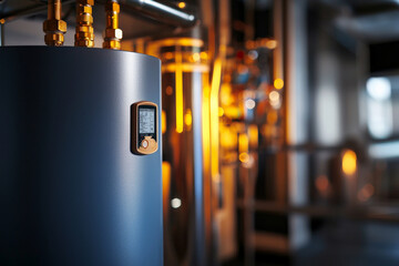 Professional checking of water heater pressure gauge in modern setting, showcasing intricate details of plumbing and heating systems. warm lighting adds technical yet inviting atmosphere