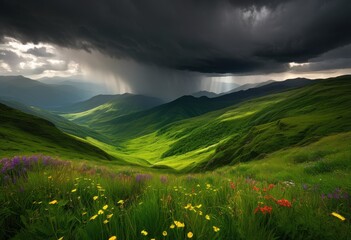 lush green valleys under dramatic dark stormy skies capturing splendor intricacies, landscape, sky, cloud, nature, mountain, greenery, hill, scenic