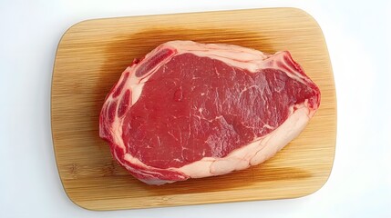 Fresh raw steak on a wooden cutting board, ready for cooking.